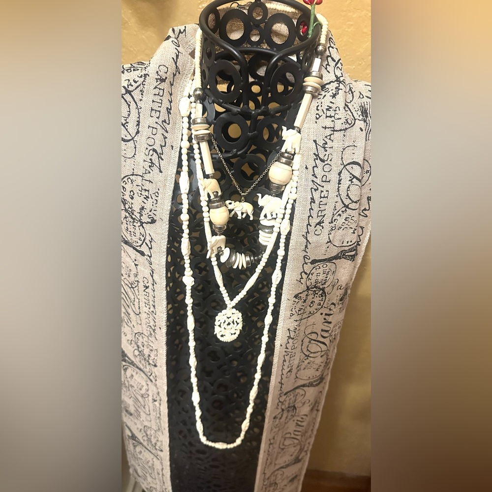 Lot 3 Vintage bone carved Elephant Beaded Necklace